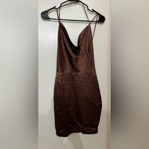 MESHKI Women Chocolate Brown Satin Backless Mini Dress Size Small Night Out Club